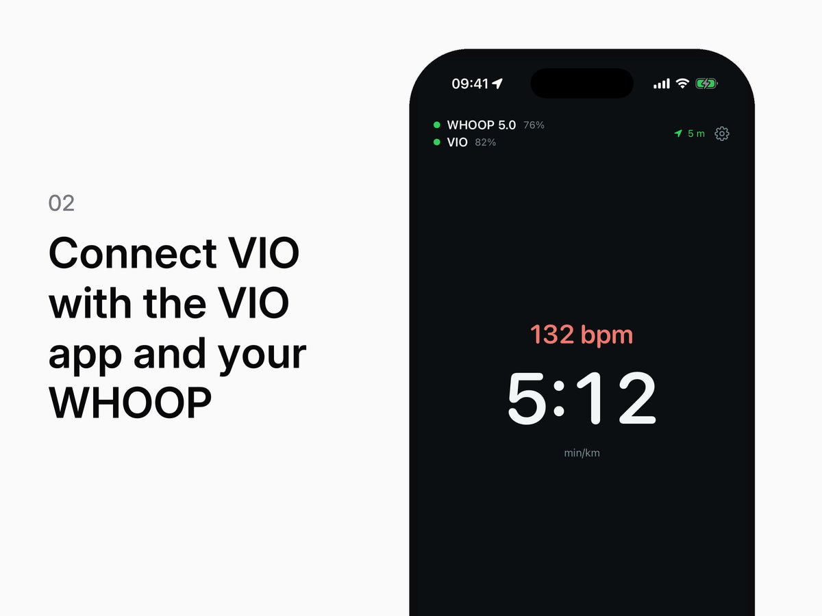 Step 2, connect VIO with the VIO app and your WHOOP: the VIO app showing WHOOP and VIO connected. App screenshot from the iOS simulator, the band connection is simulated.