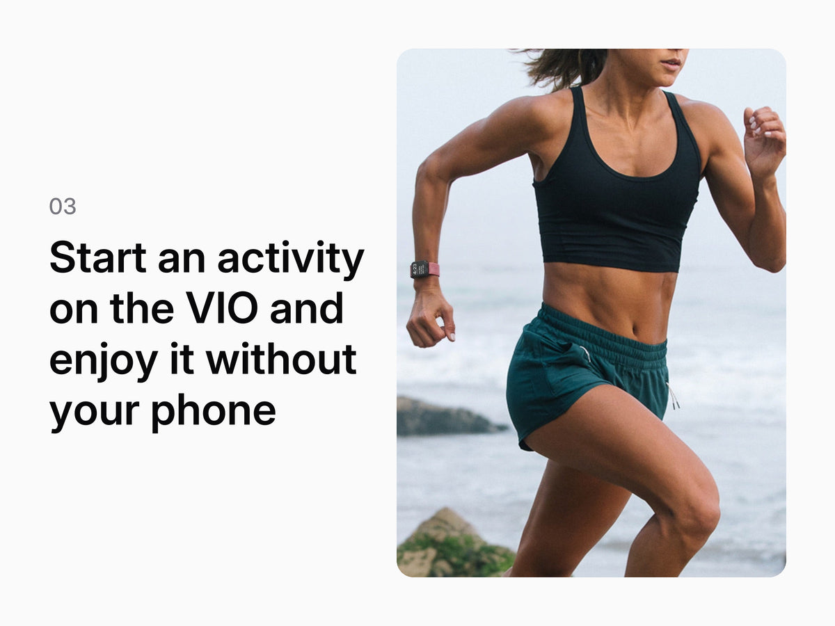 Step 3, start an activity on the VIO and enjoy it without your phone: a runner by the sea wearing VIO. Generated with AI, not a photograph.