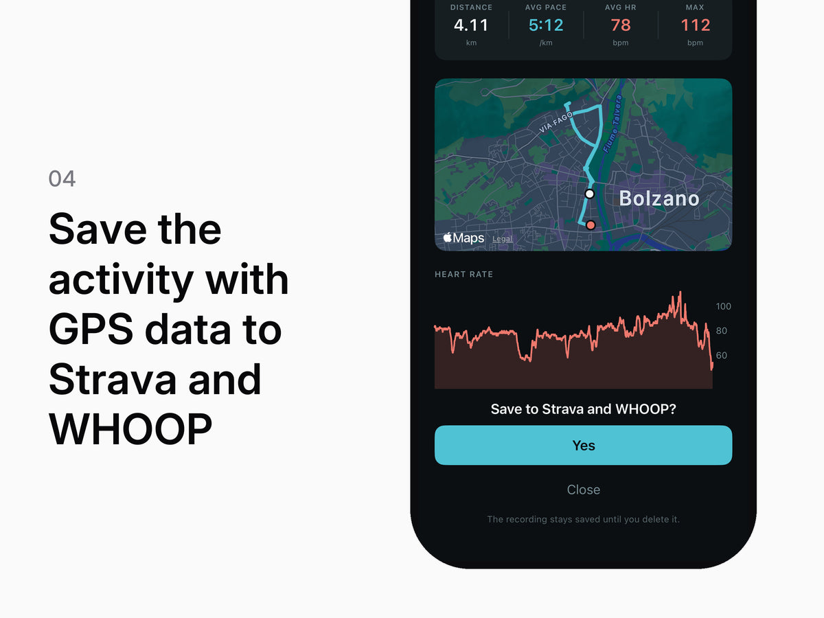 Step 4, save the activity with GPS data to Strava and WHOOP: the VIO app summary with route map, heart rate curve and the prompt to save. App screenshot from the iOS simulator, route simulated, heart rate from a real run.