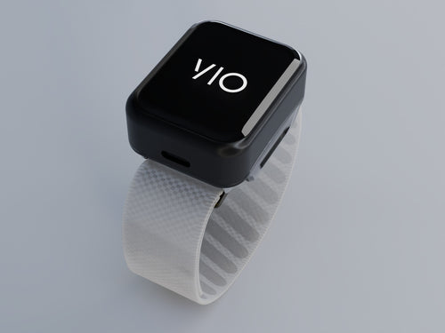 VIO on a WHOOP band, seen from the front, the screen showing the VIO wordmark. Rendered from the CAD model, not a photo.