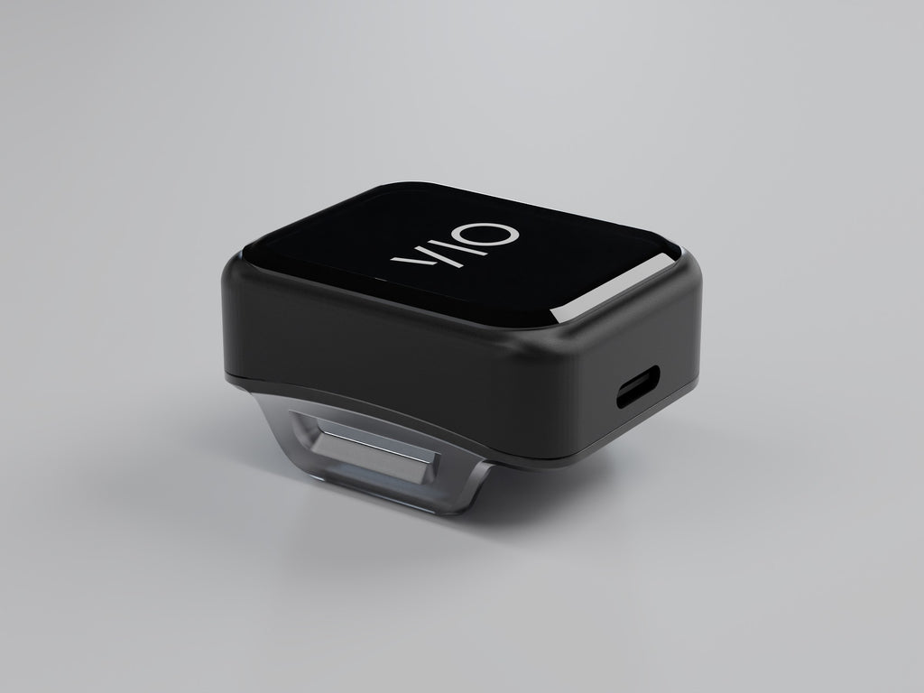 VIO on its own from below, with the USB-C port and the sensor window visible. Rendered from the CAD model, not a photo.