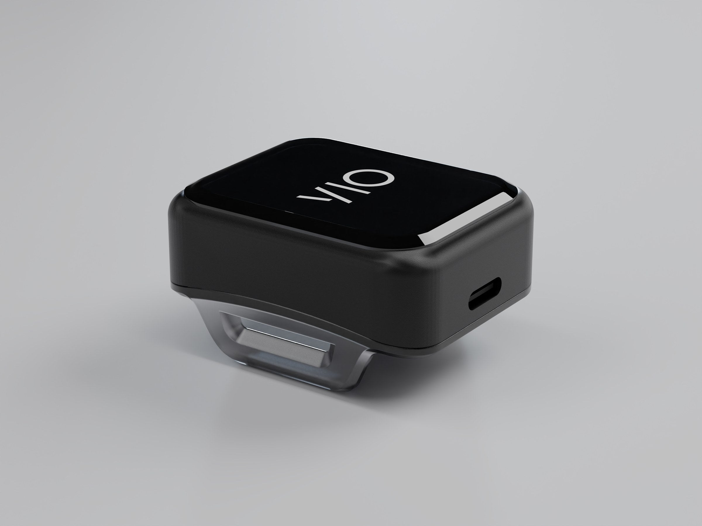 VIO on its own from below, with the USB-C port and the sensor window visible. Rendered from the CAD model, not a photo.