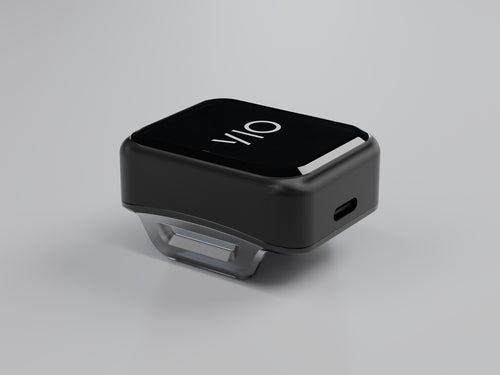 VIO on its own from below, with the USB-C port and the sensor window visible. Rendered from the CAD model, not a photo.