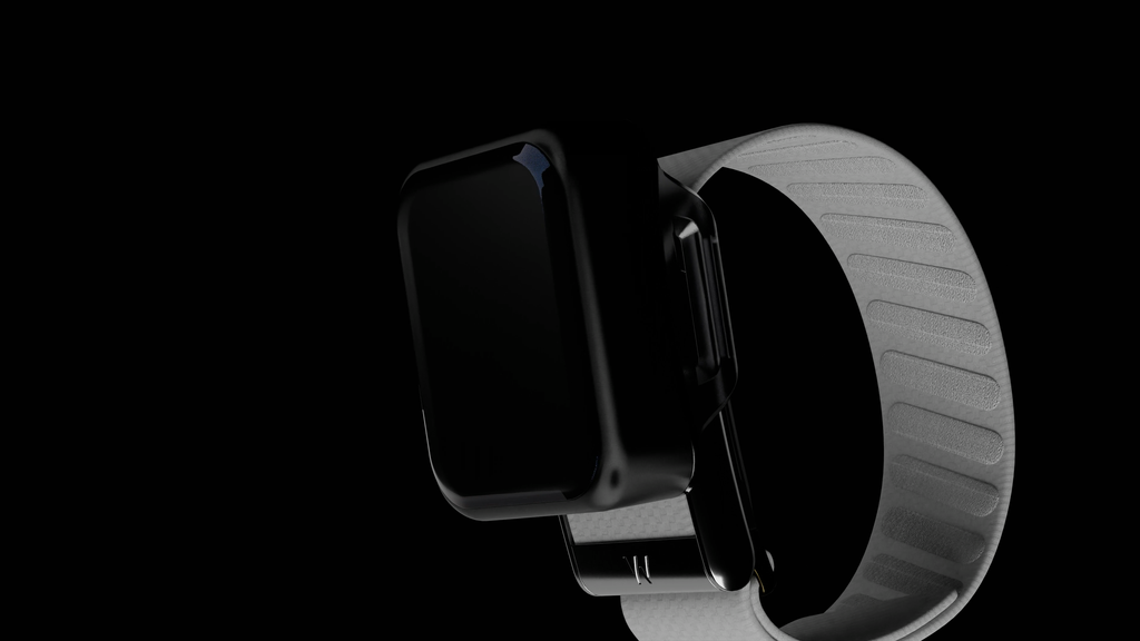 VIO on the WHOOP band, seen from the side, the screen off. Rendered from the CAD model, not a photo.