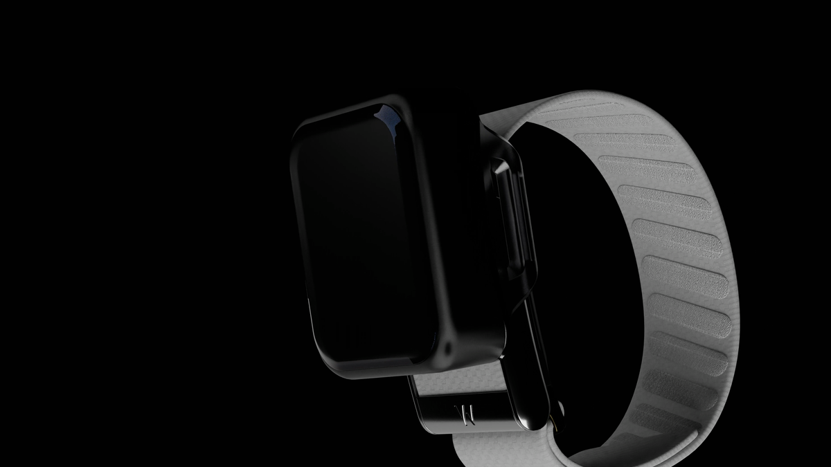 VIO on the WHOOP band, seen from the side, the screen off. Rendered from the CAD model, not a photo.