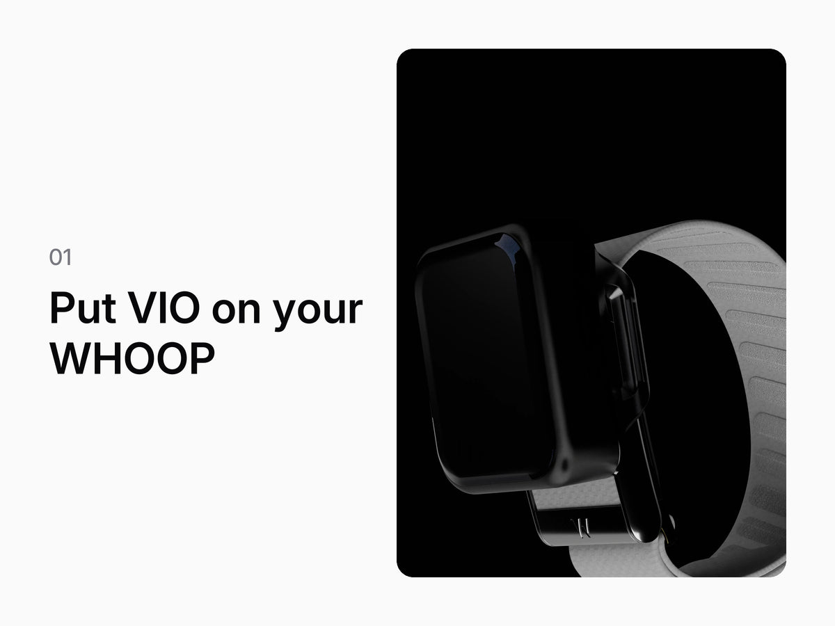 Step 1, put VIO on your WHOOP: VIO on the WHOOP band, seen from the side. Rendered from the CAD model, not a photo.